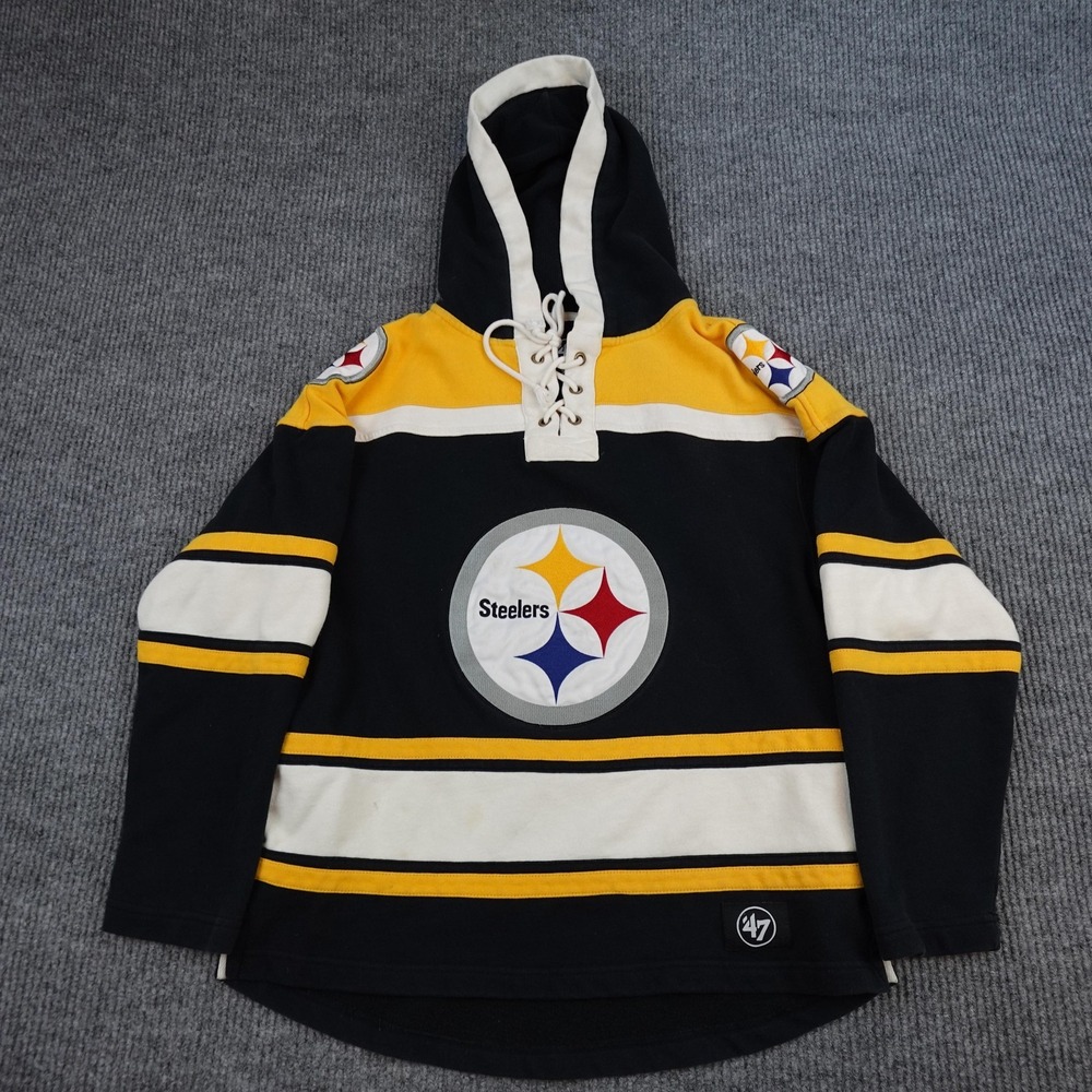 Pittsburgh Steelers Sweatshirt Hoodie Mens Small Black NFL Football '47 Lace Up